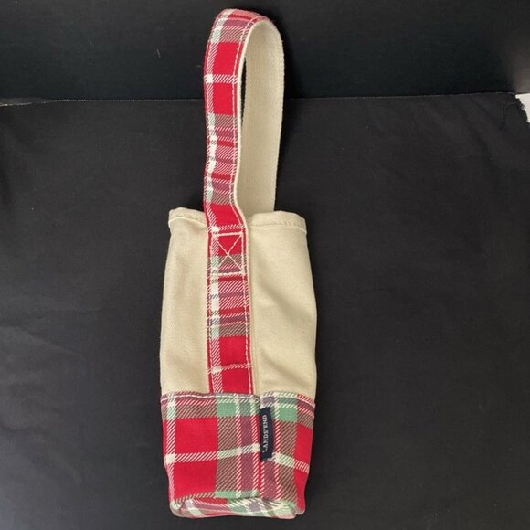 Lands' End Wine Bottle Tote Bag Ivory Canvas w/ Red & Green Plaid - Picture 1 of 5